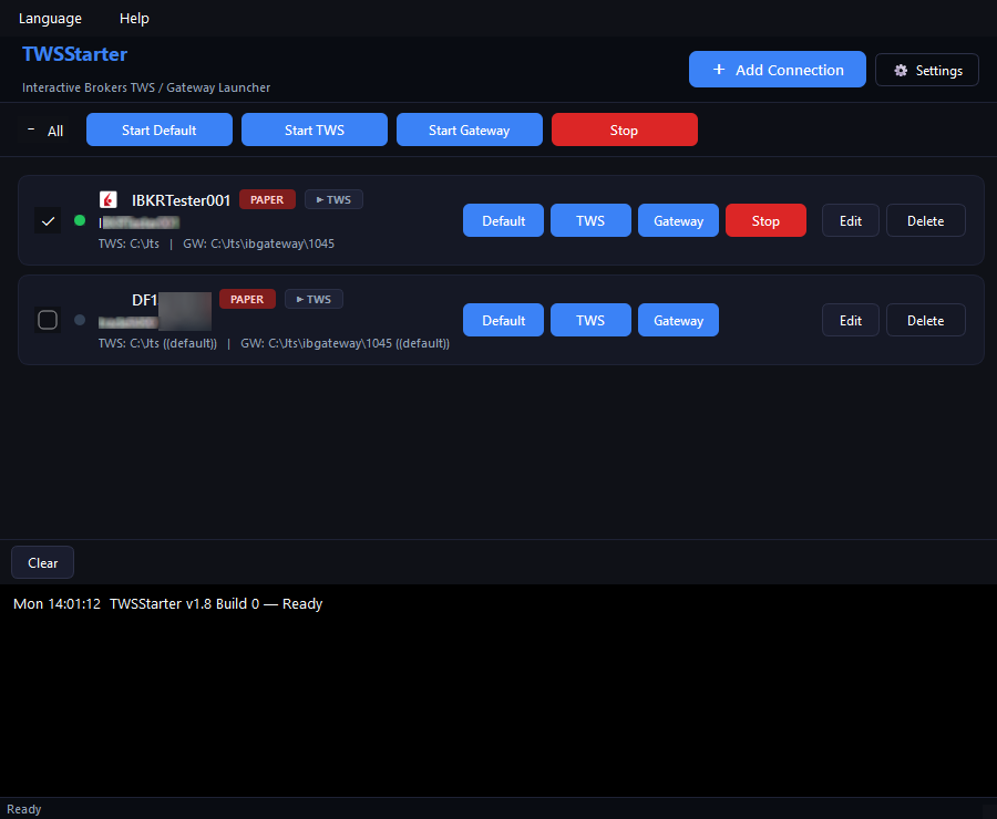 TWSStarter main window: connection cards with start/stop buttons and status display