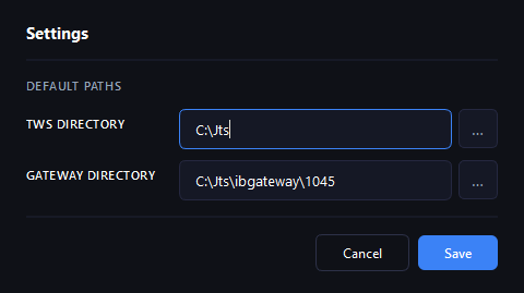 TWSStarter settings: install paths for TWS and Gateway