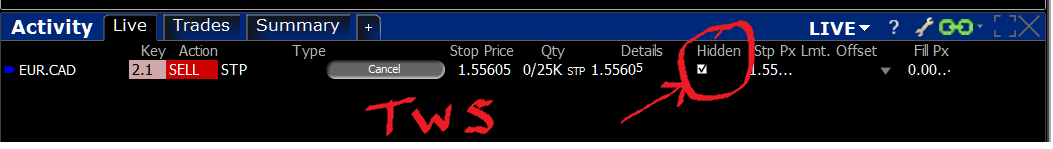 set hidden flag for order in TWS